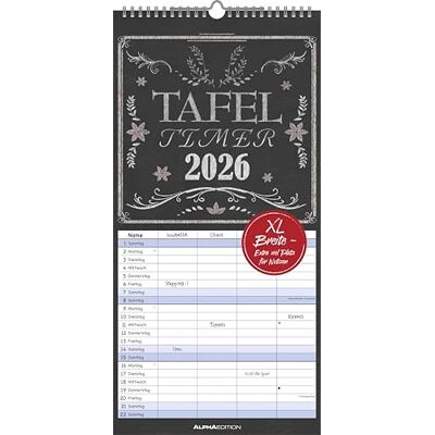 Alpha Tafel Timer Familienkalender 2026 – Wandkalender 22×45 cm mit 4 Spalten & Feiertagen, Kreidetafel-Design mit Zusatzinfos, perfekter Terminplaner für Familien Alpha Tafel Timer Familienkalender 2026 – Wandkalender 22×45 cm mit 4 Spalten & Feiertagen, Kreidetafel-Design mit Zusatzinfos, perfekter Terminplaner für Familien