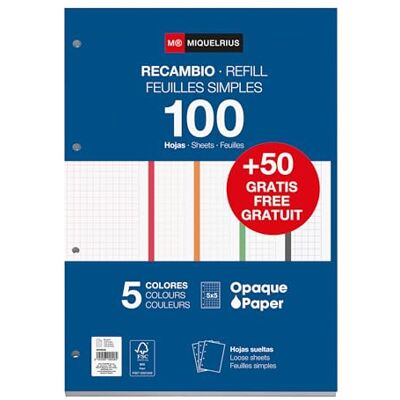 Miquelrius Nachfüllblock A4 mit karierten Blättern 5x5 mm, 150 Blatt à 90 g/m² in 5 Pastellfarben, Mit Standardlochung für Ringordner, Schulmaterial Miquelrius Nachfüllblock A4 mit karierten Blättern 5x5 mm, 150 Blatt à 90 g/m² in 5 Pastellfarben, Mit Standardlochung für Ringordner, Schulmaterial