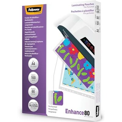 Fellowes Laminierfolien A4, 80 Mikron (2 x 80 mic), mit Lochung zum Einheften, glänzend, 100 Stück Fellowes Laminierfolien A4, 80 Mikron (2 x 80 mic), mit Lochung zum Einheften, glänzend, 100 Stück