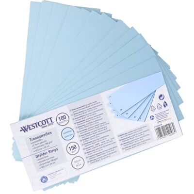 Westcott Trennstreifen 100 Stück Pastellblau Robuste Heftstreifen 190g/m² für A4 Ordner Trennblätter 10,5 x 24 cm Register mit 2-fach-Lochung für DIN-A4 Dokumente E-733319 00 Westcott Trennstreifen 100 Stück Pastellblau Robuste Heftstreifen 190g/m² für A4 Ordner Trennblätter 10,5 x 24 cm Register mit 2-fach-Lochung für DIN-A4 Dokumente E-733319 00