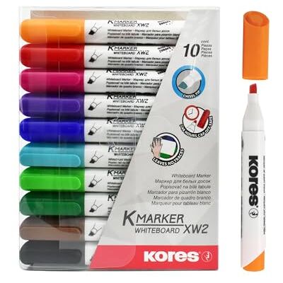 Kores K-Marker XW2: Bunte Whiteboard Marker mit Keilspitze, trocken abwischbar und nahezu geruchslose Tinte, Schul- und Bürobedarf, Set aus 10 Sortierten Farben Kores K-Marker XW2: Bunte Whiteboard Marker mit Keilspitze, trocken abwischbar und nahezu geruchslose Tinte, Schul- und Bürobedarf, Set aus 10 Sortierten Farben