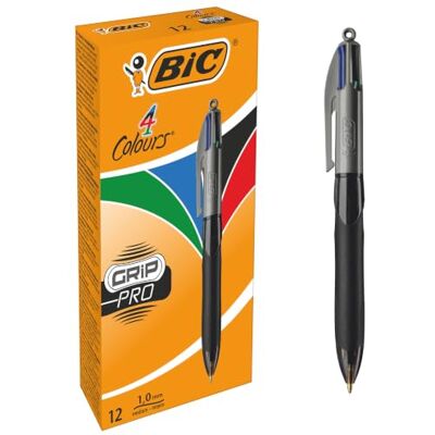 BIC 4 Colours Grip Pro Kugelschreiber, 4 Farben, 0,4 mm, 12 Stück BIC 4 Colours Grip Pro Kugelschreiber, 4 Farben, 0,4 mm, 12 Stück