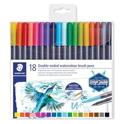 Staedtler 3001 TB18 Doppel-Fasermaler (feine Spitze und Pinselspitze, für Aquarell-Effekte) Klarfaltetui mit 18 brillanten Farben Staedtler 3001 TB18 Doppel-Fasermaler (feine Spitze und Pinselspitze, für Aquarell-Effekte) Klarfaltetui mit 18 brillanten Farben