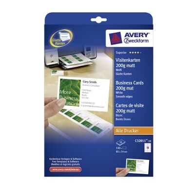 Avery C32011-10 Superior Visitenkarten, blanko (100 Stück, 200g, 85x54 mm, einseitig bedruckbar, matt weiß, absolut glatte Kanten, 10 Blatt) zum Selbstbedrucken auf allen Druckern Avery C32011-10 Superior Visitenkarten, blanko (100 Stück, 200g, 85x54 mm, einseitig bedruckbar, matt weiß, absolut glatte Kanten, 10 Blatt) zum Selbstbedrucken auf allen Druckern