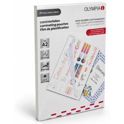 Olympia Laminierfolien A2 175 Mic – 25 Stück Premium Laminierfolie A2 – Extra Stark, Glänzend & Reißfest – Für Laminiergerät, Fotos, Poster, Dokumente Laminieren, 9184 Olympia Laminierfolien A2 175 Mic – 25 Stück Premium Laminierfolie A2 – Extra Stark, Glänzend & Reißfest – Für Laminiergerät, Fotos, Poster, Dokumente Laminieren, 9184