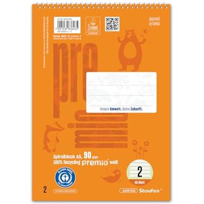 Staufen Premio Spiralblock 5 Blöcke je 40 Blatt, DIN A5, liniert 4/4/4 mm Lineatur 2, 100% Recyclingpapier, zertifiziert mit dem Blauen Engel, abgerundete Ecken, 90 g/m² Papier Staufen Premio Spiralblock 5 Blöcke je 40 Blatt, DIN A5, liniert 4/4/4 mm Lineatur 2, 100% Recyclingpapier, zertifiziert mit dem Blauen Engel, abgerundete Ecken, 90 g/m² Papier