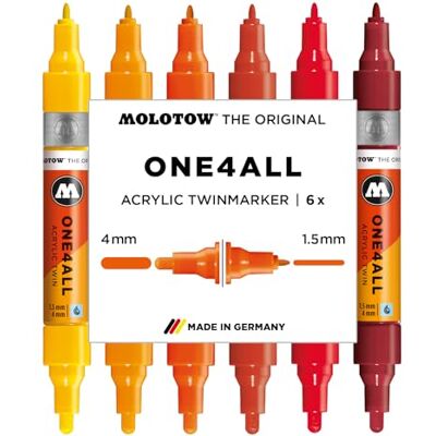 Molotow One4All Acrylic Twin Marker Hot Set (1,5 und 4,0 mm Strichstärke, hochdeckend und permanent, schnell trocknend, nachfüllbar, für fast alle Untergründe) 6 Stück sortiert Molotow One4All Acrylic Twin Marker Hot Set (1,5 und 4,0 mm Strichstärke, hochdeckend und permanent, schnell trocknend, nachfüllbar, für fast alle Untergründe) 6 Stück sortiert