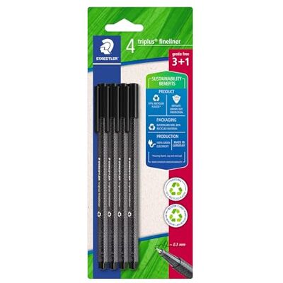 Staedtler dreikantiger Fineliner triplus, schwarz, aus recyceltem Kunststoff, superfeine, metallgefasste 0,3 mm Spitze, lange Lebensdauer, 4 schwarze Fineliner auf Blisterkarte, 334 R-9BK Staedtler dreikantiger Fineliner triplus, schwarz, aus recyceltem Kunststoff, superfeine, metallgefasste 0,3 mm Spitze, lange Lebensdauer, 4 schwarze Fineliner auf Blisterkarte, 334 R-9BK