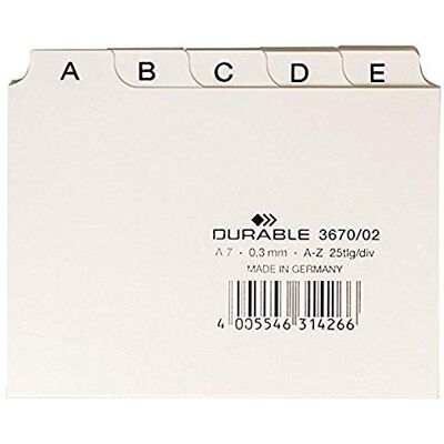 Durable Leitregister A Z, A7 quer, 1 Stück, weiß, 367002 Register aus robustem Kunststoff, 25 Blatt, für Karteikarten im Querformat, Taben mit Aufdruck A bis Z Durable Leitregister A Z, A7 quer, 1 Stück, weiß, 367002 Register aus robustem Kunststoff, 25 Blatt, für Karteikarten im Querformat, Taben mit Aufdruck A bis Z