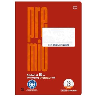 Staufen premio Schulheft 4 Hefte je 16 Blatt, DIN A4, Lineatur 28 (5mm kariert mit Randlinien), 90 g/m² Recyclingpapier, runde Ecken verhindern „Eselsohren“ Staufen premio Schulheft 4 Hefte je 16 Blatt, DIN A4, Lineatur 28 (5mm kariert mit Randlinien), 90 g/m² Recyclingpapier, runde Ecken verhindern „Eselsohren“