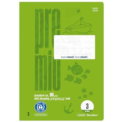 Staufen premio Schulheft 4 Hefte je 16 Blatt, DIN A4, Lineatur 3 (14 Doppellinien), 90 g/m² Recyclingpapier, runde Ecken verhindern „Eselsohren“ Staufen premio Schulheft 4 Hefte je 16 Blatt, DIN A4, Lineatur 3 (14 Doppellinien), 90 g/m² Recyclingpapier, runde Ecken verhindern „Eselsohren“