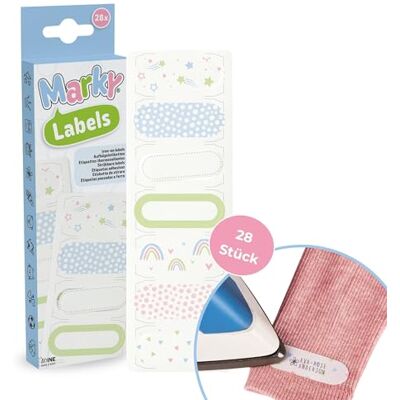 COLOP Marky Aufbügeletiketten 28 Stück 7 verschiedene Designs zu je 4 Stück hautfreundlich, wasser- und waschmaschinenfest ideal für Kleidung COLOP Marky Aufbügeletiketten 28 Stück 7 verschiedene Designs zu je 4 Stück hautfreundlich, wasser- und waschmaschinenfest ideal für Kleidung