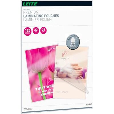 Leitz Heißlaminierfolien A3 125 mic, Laminierfolien in Premium-Qualität im 25er Pack, Glänzend, Transparent, Vereinfachtes Einlegen durch UDT, iLAM, 74890000 Leitz Heißlaminierfolien A3 125 mic, Laminierfolien in Premium-Qualität im 25er Pack, Glänzend, Transparent, Vereinfachtes Einlegen durch UDT, iLAM, 74890000