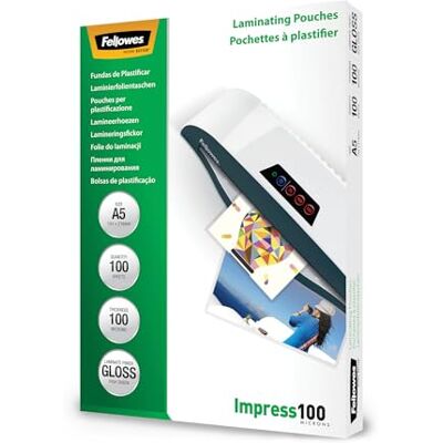 Fellowes Laminierfolien A5, 100 Mikron (2 x 100 mic), glänzend, 100 Stück Fellowes Laminierfolien A5, 100 Mikron (2 x 100 mic), glänzend, 100 Stück