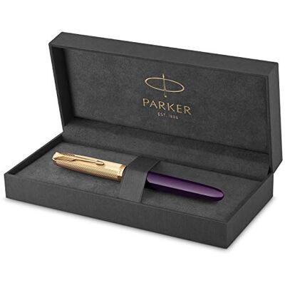 Parker 51 Füller Luxuriöser Pflaumenblauer Schaft mit Goldzierteilen Federstärke F in 18k Gold mit schwarzer Tintenpatrone Geschenkbox Parker 51 Füller Luxuriöser Pflaumenblauer Schaft mit Goldzierteilen Federstärke F in 18k Gold mit schwarzer Tintenpatrone Geschenkbox