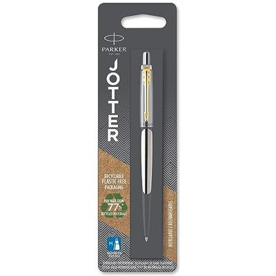 Parker Jotter Kugelschreiber Edelstahl mit Goldzierteile Mittlere Spitze Blaue Tinte Parker Jotter Kugelschreiber Edelstahl mit Goldzierteile Mittlere Spitze Blaue Tinte
