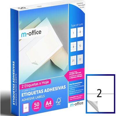 m-office Klebeetiketten zum Beschriften – Selbstklebende Etiketten zum Bedrucken, spülmaschinenfest, ideal für Haushalt und Gewerbe (2 Etiketten pro Blatt, 50 Blatt) m-office Klebeetiketten zum Beschriften – Selbstklebende Etiketten zum Bedrucken, spülmaschinenfest, ideal für Haushalt und Gewerbe (2 Etiketten pro Blatt, 50 Blatt)