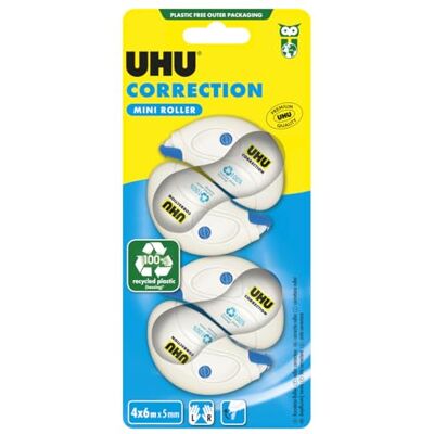 UHU Korrekturroller Mini – schnelles, sauberes und präzises Korrekturband, weiß, 4 Stück, 6 m x 5 mm UHU Korrekturroller Mini – schnelles, sauberes und präzises Korrekturband, weiß, 4 Stück, 6 m x 5 mm