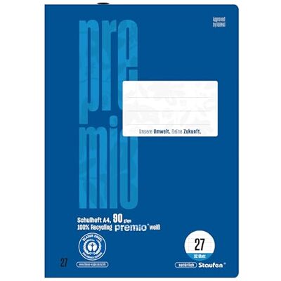 Staufen premio Schulheft 2 Hefte je 32 Blatt, DIN A4, Lineatur 27 (9mm liniert mit Randlinien), 90 g/m² Recyclingpapier, runde Ecken verhindern „Eselsohren“ Staufen premio Schulheft 2 Hefte je 32 Blatt, DIN A4, Lineatur 27 (9mm liniert mit Randlinien), 90 g/m² Recyclingpapier, runde Ecken verhindern „Eselsohren“
