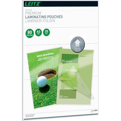 Leitz Heißlaminierfolien A3 80 mic, Laminierfolien in Premium-Qualität im 25er Pack, Glänzend, Transparent, Vereinfachtes Einlegen durch UDT, iLAM, 74860000 Leitz Heißlaminierfolien A3 80 mic, Laminierfolien in Premium-Qualität im 25er Pack, Glänzend, Transparent, Vereinfachtes Einlegen durch UDT, iLAM, 74860000