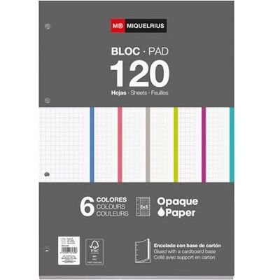 Miquelrius A4 Nachfüllblätter 120 Blatt kariert 5x5 mm, Papier 70 g/m², Seitlich geleimter Block, Gelocht für Ordner, 6 Farben, Schulbedarf Miquelrius A4 Nachfüllblätter 120 Blatt kariert 5x5 mm, Papier 70 g/m², Seitlich geleimter Block, Gelocht für Ordner, 6 Farben, Schulbedarf