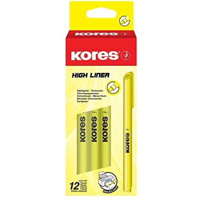 Kores High Liner: Dünne gelbe strahlende Textmarker Stifte, mit Keilspitze und wasserbasierter Tinte, Schul- und Bürobedarf, 12 Stück Packung Kores High Liner: Dünne gelbe strahlende Textmarker Stifte, mit Keilspitze und wasserbasierter Tinte, Schul- und Bürobedarf, 12 Stück Packung