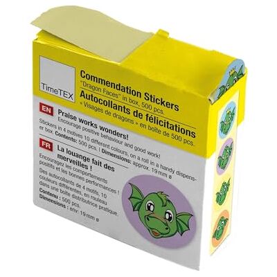TimeTEX Belobigungs-Aufkleber "Drachen-Gesichter" Lehrersticker für motivierendes Feedback 500 Sticker in praktischer Spender-Box 1 Motiv mit verschiedenfarbigen Hintergründen 19 mm ø TimeTEX Belobigungs-Aufkleber "Drachen-Gesichter" Lehrersticker für motivierendes Feedback 500 Sticker in praktischer Spender-Box 1 Motiv mit verschiedenfarbigen Hintergründen 19 mm ø