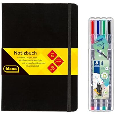 Idena 90331 Notizbuch DIN A5 mit 192 Seiten, liniert, inkl. 4 STAEDTLER Triplus Fineliner mit superfeiner, metallgefasster Spitze, 0.3 mm Idena 90331 Notizbuch DIN A5 mit 192 Seiten, liniert, inkl. 4 STAEDTLER Triplus Fineliner mit superfeiner, metallgefasster Spitze, 0.3 mm
