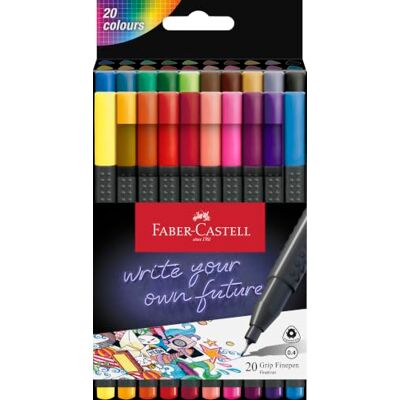 Faber-Castell Grip Finepen Set, 20 Fineliner, Linienbreite 0,4 mm Ergonomische Dreikantform mit Grip-Zone für präzises Zeichnen Faber-Castell Grip Finepen Set, 20 Fineliner, Linienbreite 0,4 mm Ergonomische Dreikantform mit Grip-Zone für präzises Zeichnen