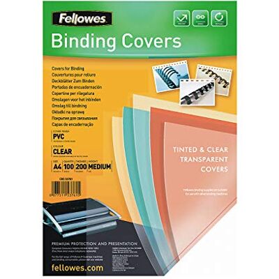 Fellowes Klarsicht Deckblatt aus PVC, A4 Format, 200 mic Stärke, transparent, ideal für Plastikbindung und Drahtbindung, Pack mit 100 Stück Fellowes Klarsicht Deckblatt aus PVC, A4 Format, 200 mic Stärke, transparent, ideal für Plastikbindung und Drahtbindung, Pack mit 100 Stück