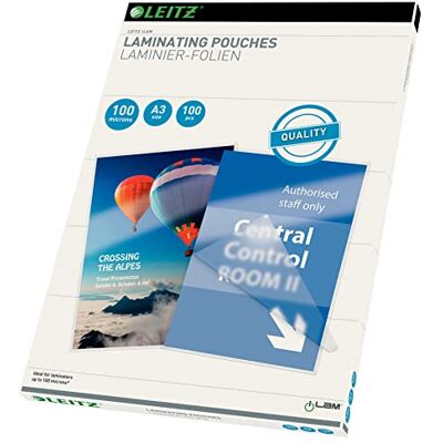 Leitz Heißlaminierfolien A3 100 mic, Hochwertige Laminierfolien im 100er Pack, mit abgerundeten Ecken, transparent, glänzend, ideal für Plakate und Zeichnungen, 16919 Leitz Heißlaminierfolien A3 100 mic, Hochwertige Laminierfolien im 100er Pack, mit abgerundeten Ecken, transparent, glänzend, ideal für Plakate und Zeichnungen, 16919