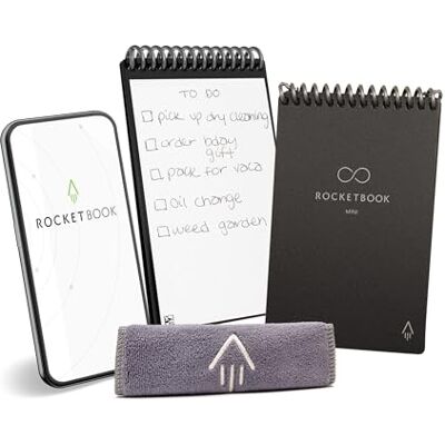Rocketbook Mini wiederverwendbares smartes Notizbuch im Taschenformat 8,9 x 14 cm, Schwarz – 48 gepunktete Seiten, App-Konnektivität, löschbar, ideal für Listen und Notizen unterwegs Rocketbook Mini wiederverwendbares smartes Notizbuch im Taschenformat 8,9 x 14 cm, Schwarz – 48 gepunktete Seiten, App-Konnektivität, löschbar, ideal für Listen und Notizen unterwegs