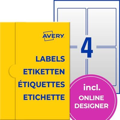 Avery transparente Etiketten (40 Klebeetiketten, 90x120mm auf A4, selbstklebend, Aufkleber zum Bedrucken, wetterfest, Beschriftungen/Produktaufkleber) 10 Blatt, durchsichtig Avery transparente Etiketten (40 Klebeetiketten, 90x120mm auf A4, selbstklebend, Aufkleber zum Bedrucken, wetterfest, Beschriftungen/Produktaufkleber) 10 Blatt, durchsichtig