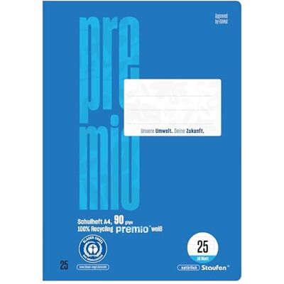 Staufen premio Schulheft 4 Hefte je 16 Blatt, DIN A4, Lineatur 25 (liniert mit Rand), 90 g/m² Recyclingpapier, runde Ecken verhindern „Eselsohren“ Staufen premio Schulheft 4 Hefte je 16 Blatt, DIN A4, Lineatur 25 (liniert mit Rand), 90 g/m² Recyclingpapier, runde Ecken verhindern „Eselsohren“