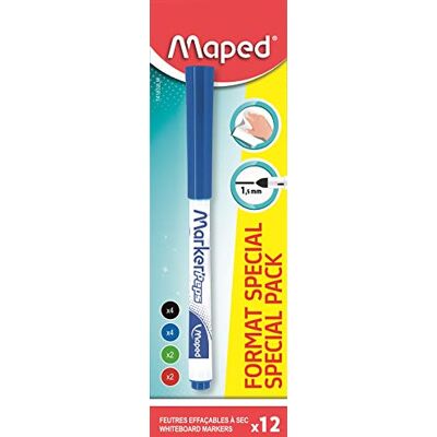 Maped Box mit 12 Marker'Peps Feinlöschbaren, trocken abwischbaren Stiften – Farbe: Schwarz, 4 x Blau, 2 x Grün, 2 x Rot, 741832LM Maped Box mit 12 Marker'Peps Feinlöschbaren, trocken abwischbaren Stiften – Farbe: Schwarz, 4 x Blau, 2 x Grün, 2 x Rot, 741832LM