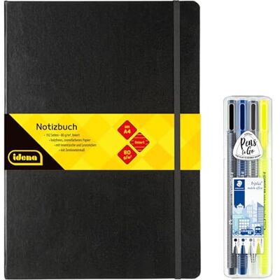Idena 90342 Notizbuch DIN A4 mit 192 Seiten, liniert, inkl. STAEDTLER Triplus Mobile Office Set mit Fineliner, Kugelschreiber, Druckbleistift und Textmarker Idena 90342 Notizbuch DIN A4 mit 192 Seiten, liniert, inkl. STAEDTLER Triplus Mobile Office Set mit Fineliner, Kugelschreiber, Druckbleistift und Textmarker