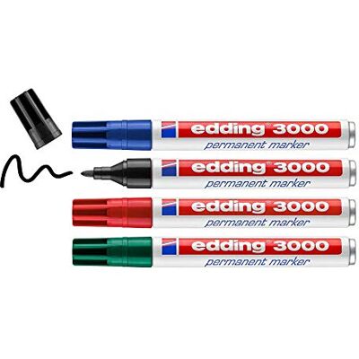 edding 3000 Permanentmarker schwarz, rot, blau, grün 4 Stifte Rund-Spitze 1,5-3 mm schnell trocknend, wasserfest, wischfest für Karton, Kunststoff, Holz, Metall Universalmarker edding 3000 Permanentmarker schwarz, rot, blau, grün 4 Stifte Rund-Spitze 1,5-3 mm schnell trocknend, wasserfest, wischfest für Karton, Kunststoff, Holz, Metall Universalmarker