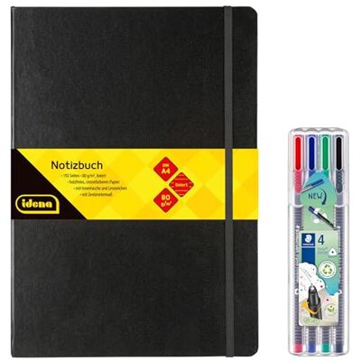 Idena 90340 Notizbuch DIN A4 mit 192 Seiten, liniert, inkl. 4 STAEDTLER Triplus Fineliner mit superfeiner, metallgefasster Spitze, 0.3 mm Idena 90340 Notizbuch DIN A4 mit 192 Seiten, liniert, inkl. 4 STAEDTLER Triplus Fineliner mit superfeiner, metallgefasster Spitze, 0.3 mm