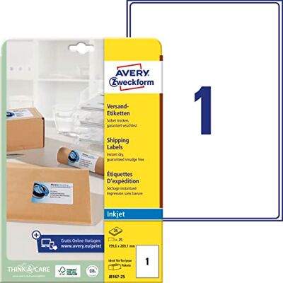 Avery J8167-25 Versandetiketten/Versandaufkleber (25 Etiketten, 199,6x289,1mm auf A4, bedruckbar, selbstklebend, für Inkjet-Drucker, für Pakete und Päckchen) 25 Blatt, weiß Avery J8167-25 Versandetiketten/Versandaufkleber (25 Etiketten, 199,6x289,1mm auf A4, bedruckbar, selbstklebend, für Inkjet-Drucker, für Pakete und Päckchen) 25 Blatt, weiß