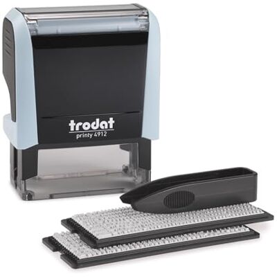 Trodat Printy 4912 Typomatic, Textstempel zum Selbersetzen pastellblau Abdruck 46x17 mm, Abdruck schwarz, selbstfärbend, dokumentenecht, inkl. 2 Zeichensets in 3 und 4 mm Schrifthöhe und Pinzette Trodat Printy 4912 Typomatic, Textstempel zum Selbersetzen pastellblau Abdruck 46x17 mm, Abdruck schwarz, selbstfärbend, dokumentenecht, inkl. 2 Zeichensets in 3 und 4 mm Schrifthöhe und Pinzette