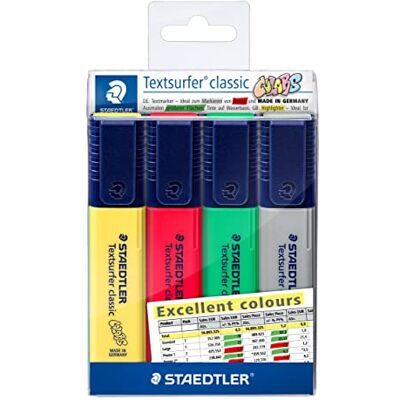 Staedtler Textsurfer classic, Textmarker (hohe Qualität Made in Germany, mit großem Tintenspeicher, Etui mit 4 Excellent colours, auch zum Hervorheben von Tabellenauswertungen), 364 CWP4-X Staedtler Textsurfer classic, Textmarker (hohe Qualität Made in Germany, mit großem Tintenspeicher, Etui mit 4 Excellent colours, auch zum Hervorheben von Tabellenauswertungen), 364 CWP4-X