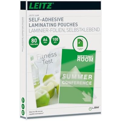 Leitz Selbstklebende Heißlaminierfolien A4 80 mic, für Schilder und Wegweiser, Hochwertige Laminierfolien im 100er Pack, Glänzend, Transparent, 33872 Leitz Selbstklebende Heißlaminierfolien A4 80 mic, für Schilder und Wegweiser, Hochwertige Laminierfolien im 100er Pack, Glänzend, Transparent, 33872
