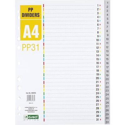 D.RECT Register für A4, PP31, 31 Trennblätter, Ringbuchregister, Taben mit Zahlenaufdruck 1-31, Grau, Farb-Trenner aus PP, Polypropylen D.RECT Register für A4, PP31, 31 Trennblätter, Ringbuchregister, Taben mit Zahlenaufdruck 1-31, Grau, Farb-Trenner aus PP, Polypropylen