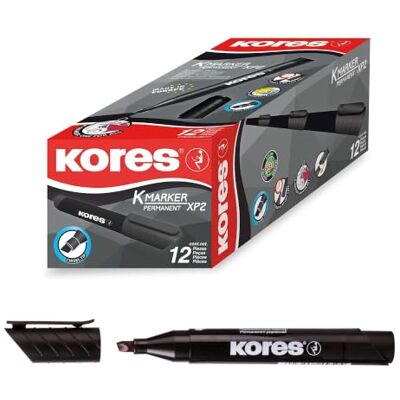 Kores K-Marker XP2: Schwarze Permanent Marker Stifte, Keilspitze mit wasserfester und geruchsfreier Tinte, für alle Oberflächen, 12 Stk Packung Kores K-Marker XP2: Schwarze Permanent Marker Stifte, Keilspitze mit wasserfester und geruchsfreier Tinte, für alle Oberflächen, 12 Stk Packung