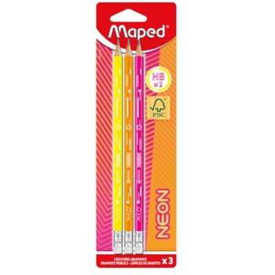 Maped 3 Bleistifte Graphit HB2 Neon Bleistifte FSC HB Radiergummi Ergonomische Dreiecksform Robuste Mine Maped 3 Bleistifte Graphit HB2 Neon Bleistifte FSC HB Radiergummi Ergonomische Dreiecksform Robuste Mine