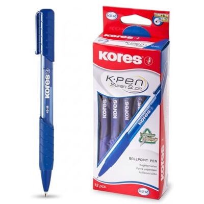 Kores 37611 K6: Blauer Druckkugelschreiber, 1 mm Medium Point Biro mit wischfester Tinte für flüssiges Schreiben, weicher Griff, Schul- und Bürobedarf, 12er-Pack Kores 37611 K6: Blauer Druckkugelschreiber, 1 mm Medium Point Biro mit wischfester Tinte für flüssiges Schreiben, weicher Griff, Schul- und Bürobedarf, 12er-Pack