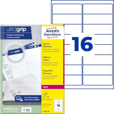 Avery L7162-40 Adressetiketten/Adressaufkleber (640 Etiketten mit ultragrip, 99,1x33,9mm auf A4, bedruckbar, selbstklebend, für DIN lang Briefkuverts, Papier matt) 40 Blatt, weiß Avery L7162-40 Adressetiketten/Adressaufkleber (640 Etiketten mit ultragrip, 99,1x33,9mm auf A4, bedruckbar, selbstklebend, für DIN lang Briefkuverts, Papier matt) 40 Blatt, weiß