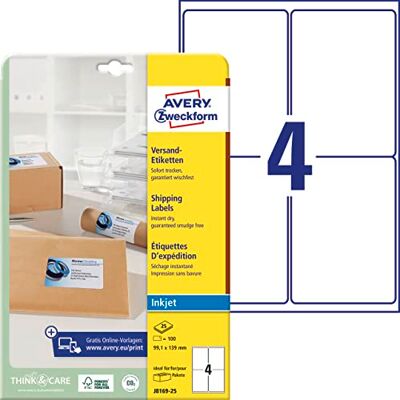 Avery J8169-25 Versandetiketten/Versandaufkleber (100 Etiketten, 99,1x139mm auf A4, bedruckbar, selbstklebend, für Inkjet-Drucker, für Pakete und Päckchen) 25 Blatt, weiß Avery J8169-25 Versandetiketten/Versandaufkleber (100 Etiketten, 99,1x139mm auf A4, bedruckbar, selbstklebend, für Inkjet-Drucker, für Pakete und Päckchen) 25 Blatt, weiß