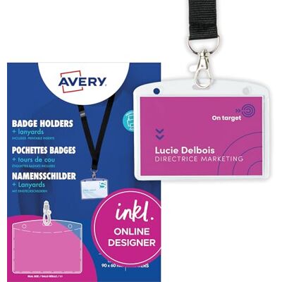 Avery 4825 Namensschilder für Kleidung 10 Stück (54x90mm, Namensschilder-Taschen mit schwarzen Lanyards, transparente Ausweishüllen inkl. 16 Stück blanko Einsteckschilder) weiß Avery 4825 Namensschilder für Kleidung 10 Stück (54x90mm, Namensschilder-Taschen mit schwarzen Lanyards, transparente Ausweishüllen inkl. 16 Stück blanko Einsteckschilder) weiß