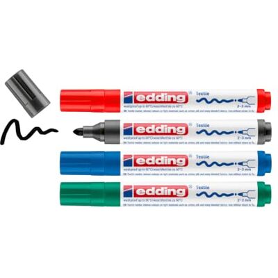 edding 4500 Textilmarker schwarz, rot, blau, grün 4 Stück Rundspitze 2-3 mm Textilstifte waschmaschinenfest (60 °C) zum Stoff bemalen Stoffmalstift edding 4500 Textilmarker schwarz, rot, blau, grün 4 Stück Rundspitze 2-3 mm Textilstifte waschmaschinenfest (60 °C) zum Stoff bemalen Stoffmalstift
